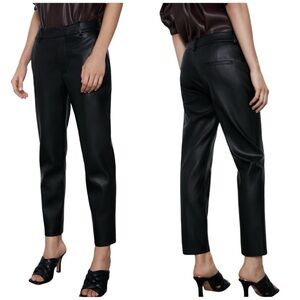 Zara Faux Vegan Leather Mid Rise Black Cropped Trousers Pants